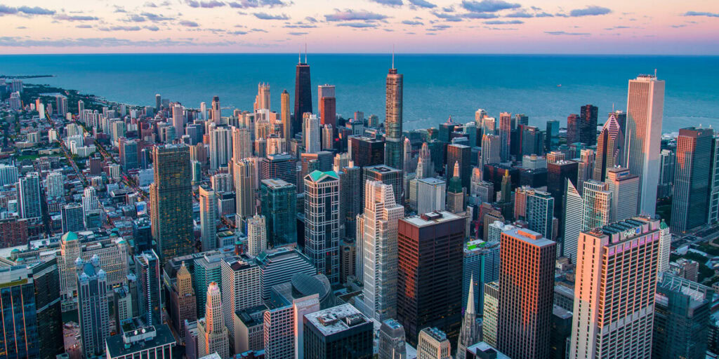 City skylines with skyscrapers and ocean view