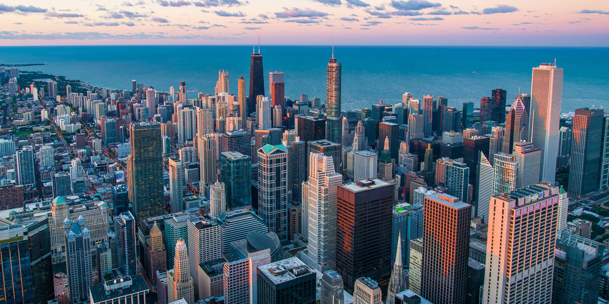 City skylines with skyscrapers and ocean view