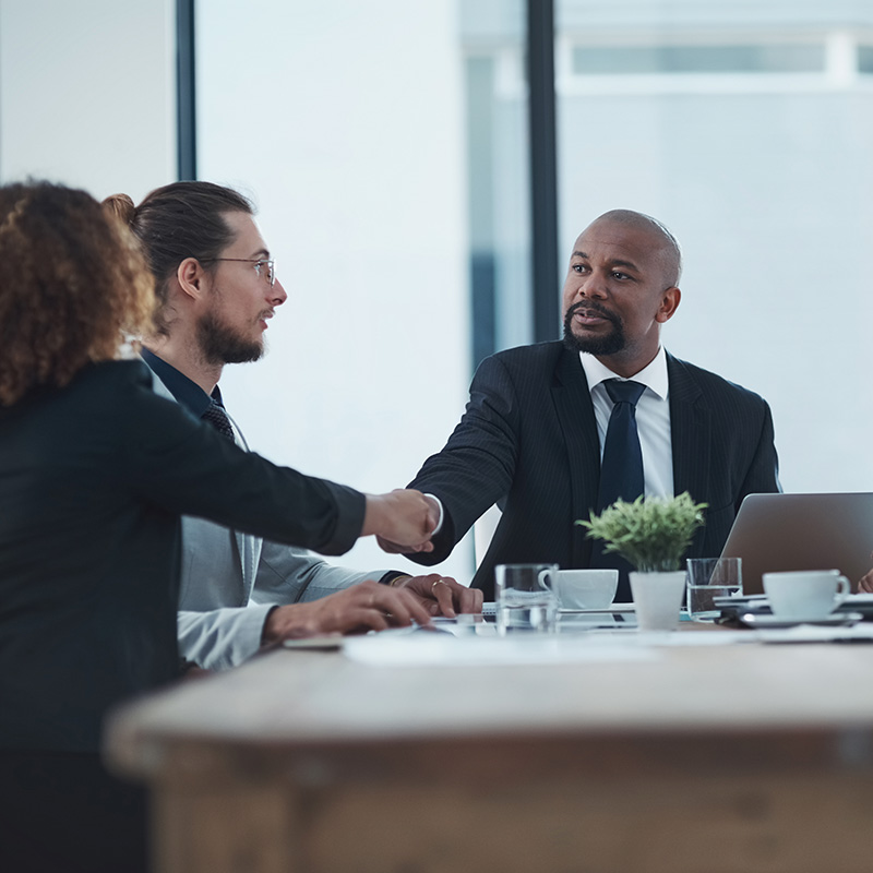 Business man and business women shaking hands in boardroom