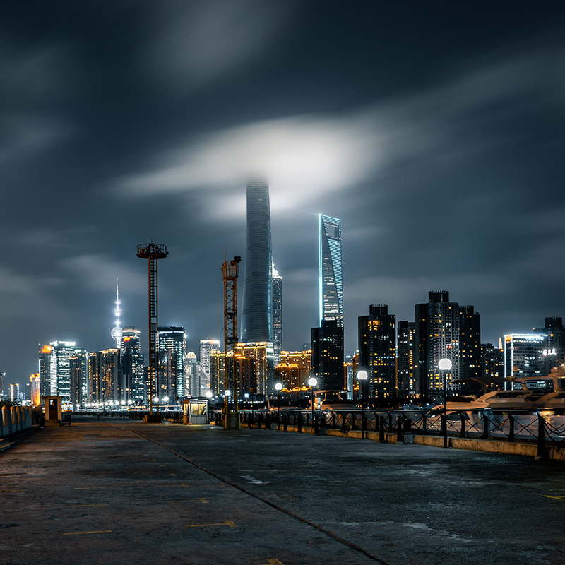 City skyline from harbor dock